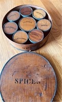 Antique wood round spice box with original black