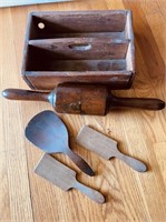 Five antique wood kitchen items, including a