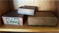 Three antique collector wood boxes, one