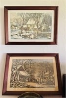 2 framed Courier & Ives prints, one titled “a