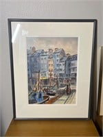 Original Watercolor Cityscape w/ Boats - Leclair