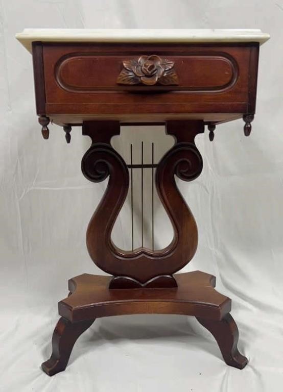 Victorian Style Mahogany Marble Top Lyre End Table