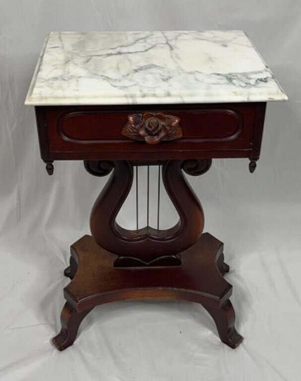 Victorian Style Mahogany Marble Top Lyre End Table