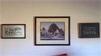 Two framed cross stitches and one framed farm