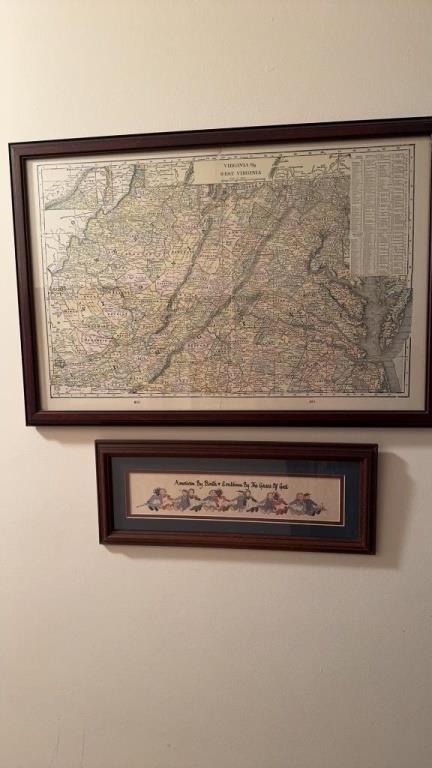Framed map of Virginia and West Virginia, listing