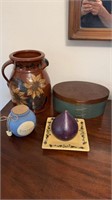 Oval Amish storage box, with a red ware pottery