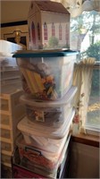 Four smaller tubs of quilting, material, cut,