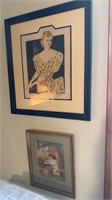 Two framed pieces, original pin ink of a woman