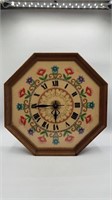 VTG Floral Crewel Embroidery Octagon Wall Clock