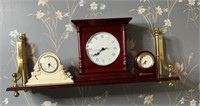 3 Mantel Clocks with Wood & Brass Wall Shelf
