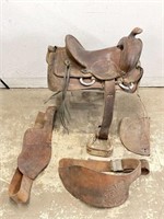Vintage Tooled  Leather Saddle w/ Stirrups