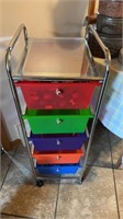 Five colorful tray storage unit with metal base