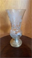 Etched glass flower vase with a 4 inch diameter
