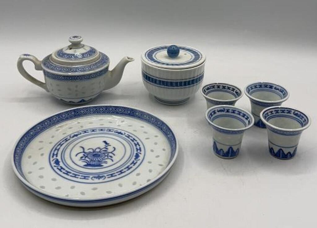Vtg Chinese Porcelain Rice Pattern Tea Set