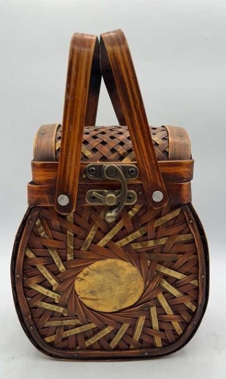 Wooden Basket Purse w/ Woven Metal & Rattan
