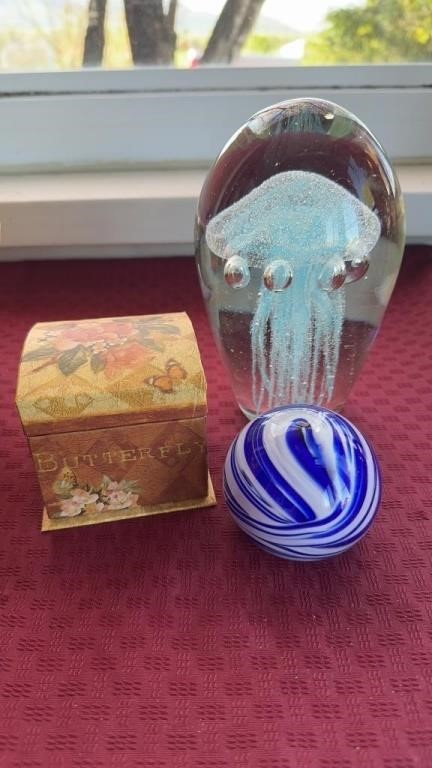 Large jellyfish glass paperweight, and a blue