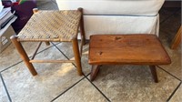 Two footstools, one Antique walnut, splint, oak