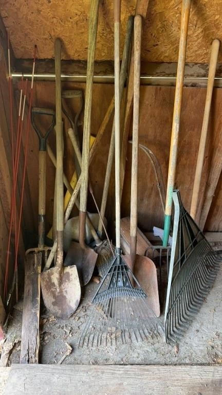 Hand tool corner lot , in shed , includes shovels
