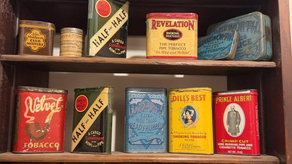 11 antiques outing, tobacco tins, includes six
