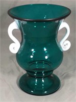 Czechoslovakian Green w/white Handles Glass Vase