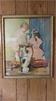 Antique framed print of two children talking on a