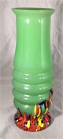 Czech Green Opaline Ribbed Spattered Vase