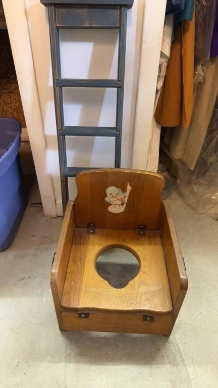 Antique child’s porta potty, and a small blue