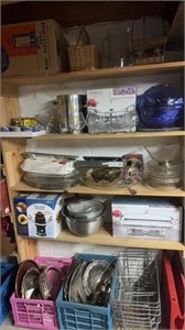 Five shelf lot, includes the two crates of silver