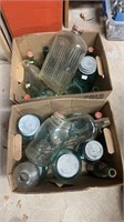 Two box lots of vintage bottles and aqua ball,