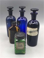 Vintage Blue/Green/Brown Glass Apothecary Bottles