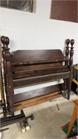 Antique single size carved wood bed, complete