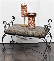 Wrought Iron Bench Leopard Print Seat & 2 Lamps