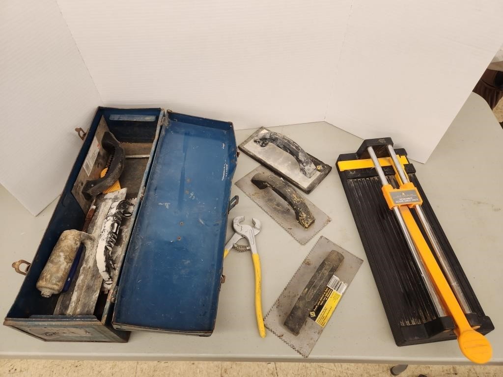 Tile Cutter, 19" Toolbox full of Assorted Trowles