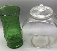 Vintage Emerald Bubble Glass Vase and Country Jar.