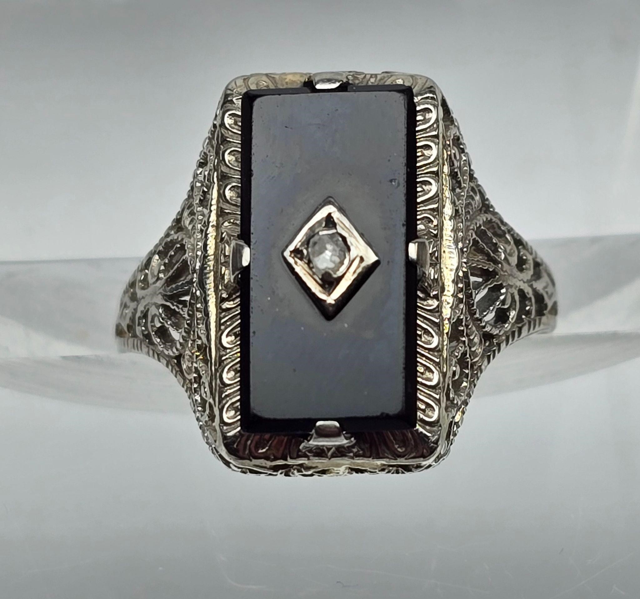 Onyx Diamond Estate Ring Filigree 14K White Gold
