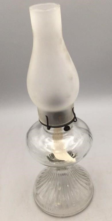 Antique Clear Glass Oil Lamp with Frosted Chimney.