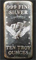 Vintage 10 Troy Oz .999 Fine Silver Bar