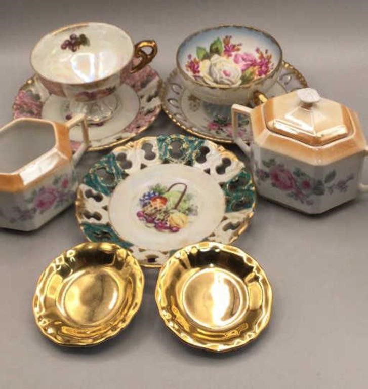 Castle China Tea Cups & German Creamer.