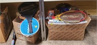 2 Boxes of Board Games, Tennis Racks, Misc Items