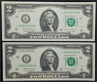 Sequential 1917 A $2 FRN Gem Crisp Banknotes
