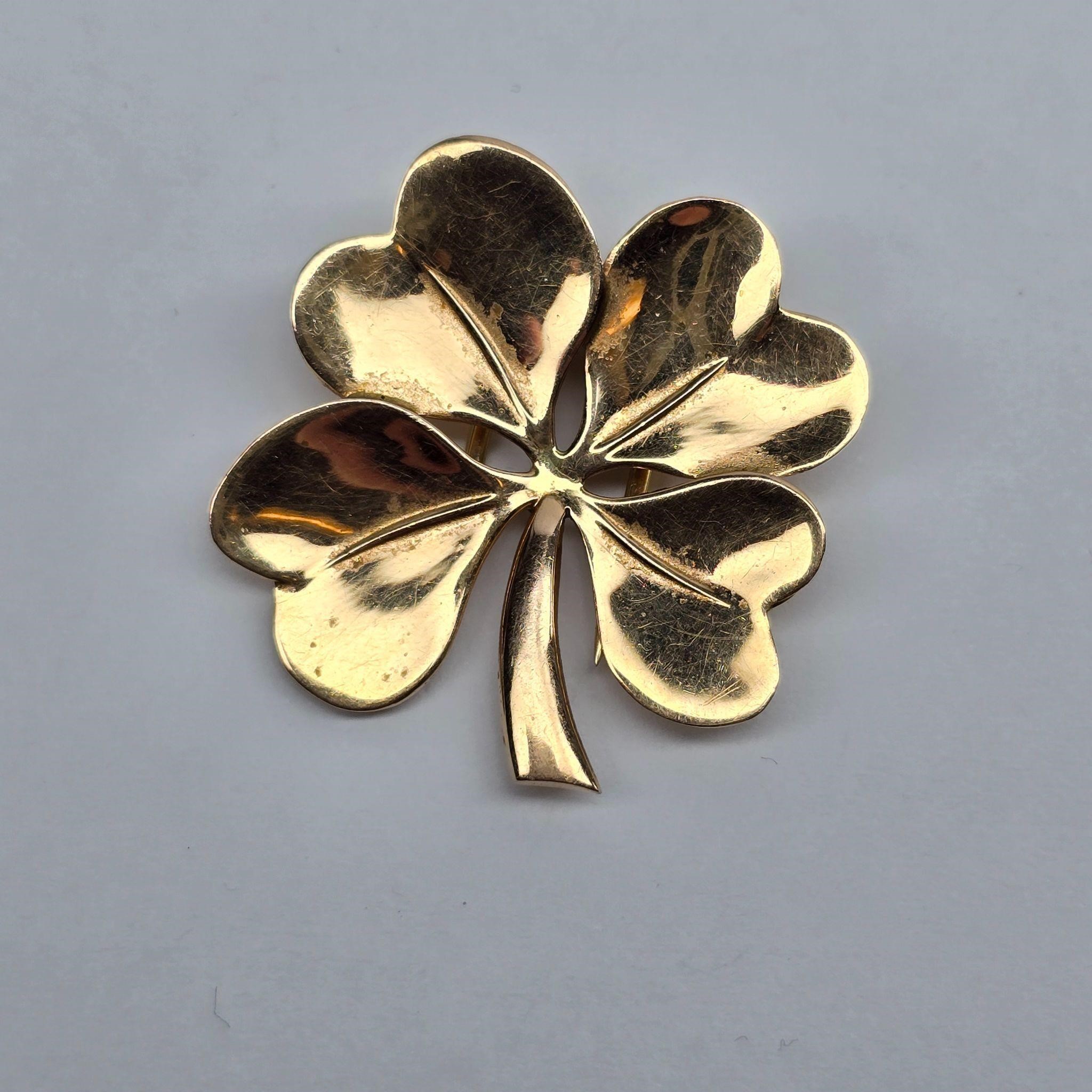 Antique Tiffany&Co 4 Leaf Clover Pin 14K Gold 9.7g