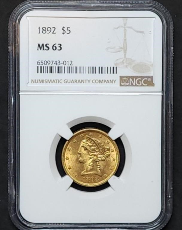 1892 $5 Liberty Gold Half Eagle NGC MS63 Nice!