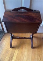 Antique wood sewing box with a pullout tray