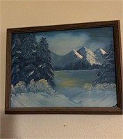 Framed original oil and canvas, blue Mountains on