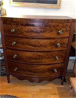 Antique bowfront 4 drawer dresser, one tall legs,