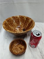 2 Brown Glazed bowls,  1 mixing bowl and a small
