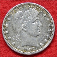 1907 D Barber Silver Quarter - Cleaned