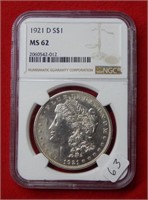 1921 D Morgan Silver Dollar NGC MS62