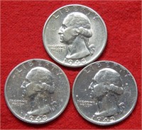(3) 1943 S Washington Silver Quarters - Cleaned