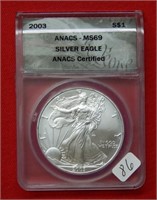 2003 American Eagle ANACS MS69 1 Ounce Silver
